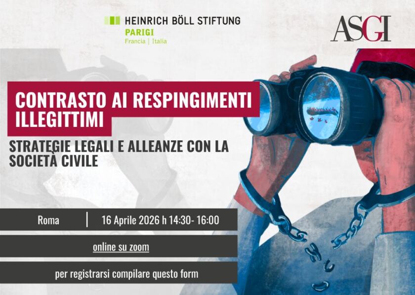 titolo dell'evento con immagine di due mani legate con manette che si staccano e che tengono un cannocchiale davanti al viso che guarda lontano verso sinistra